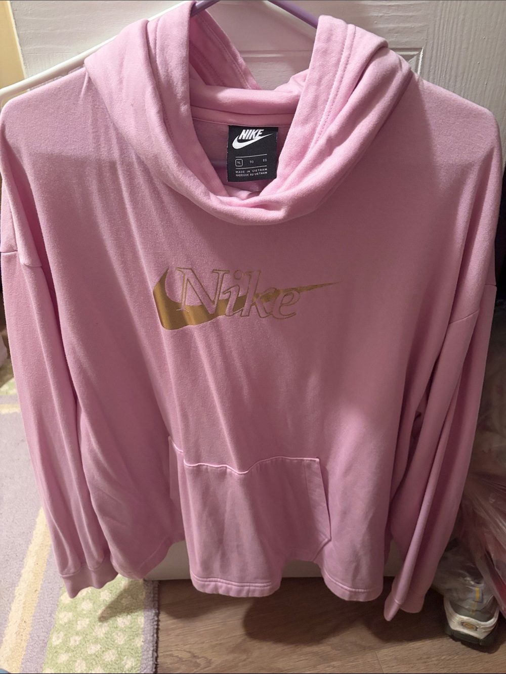 Nike Pink Pullover Hoodie with Gold Swoosh Logo